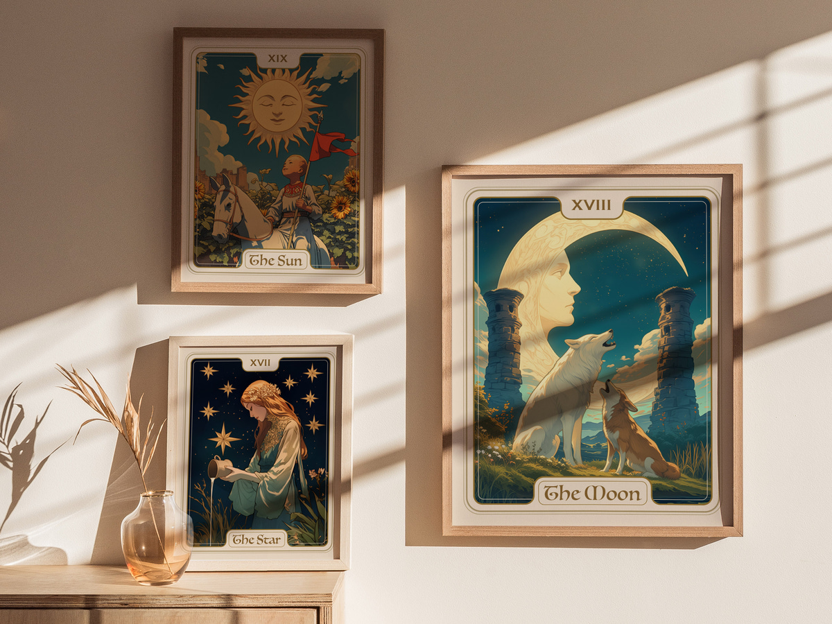 Three framed tarot card illustrations are displayed on a light-colored wall. The top two cards feature a sun and a star, while the larger card at the bottom depicts a moon with a silhouette of two wolves, evoking a mystical atmosphere.