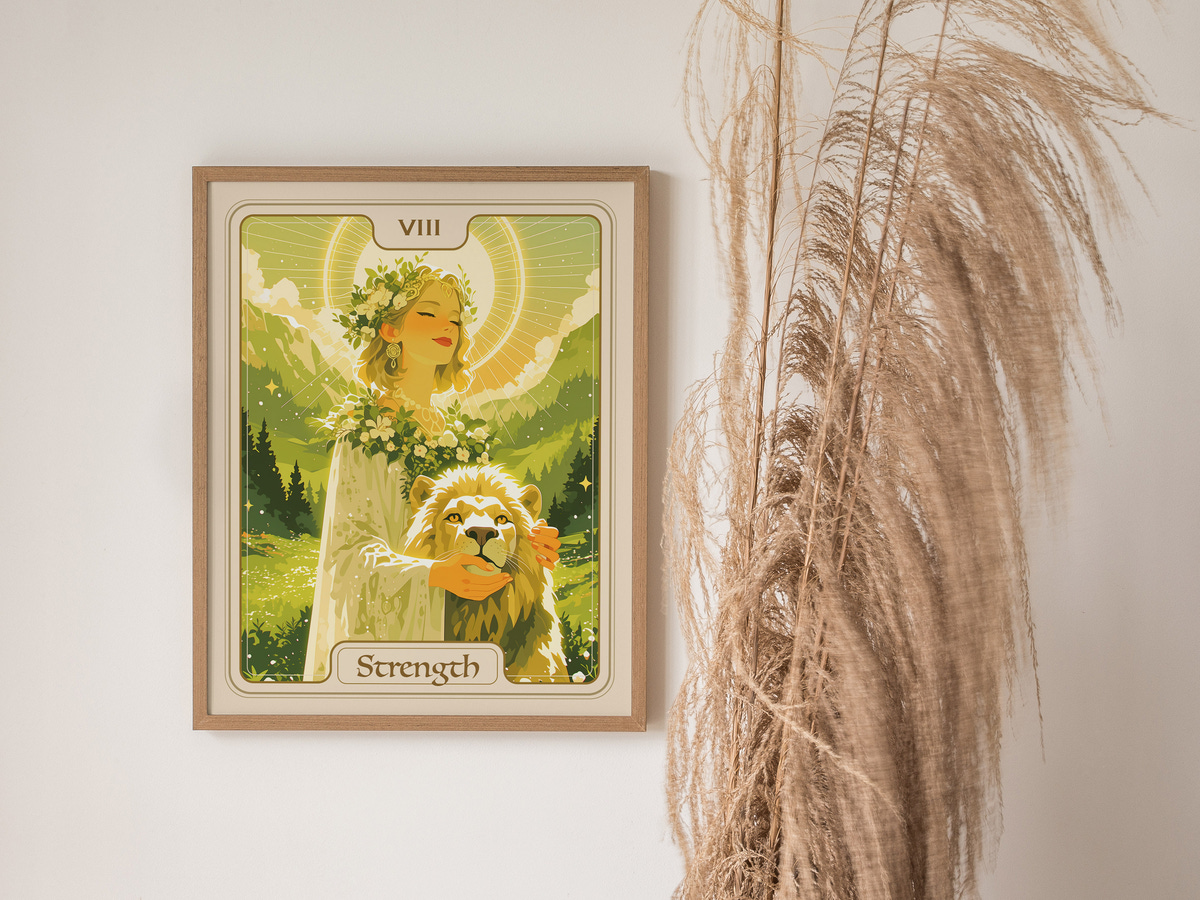 A framed illustration of a serene woman adorned with flowers, standing confidently next to a lion in a lush, green landscape.