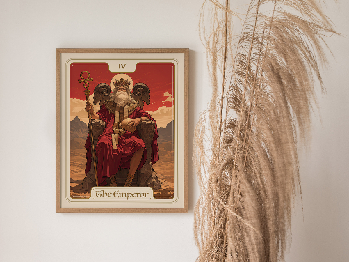 A framed artwork titled The Emperor features a regal figure seated on a throne, adorned in a red robe with a crown, holding a staff.