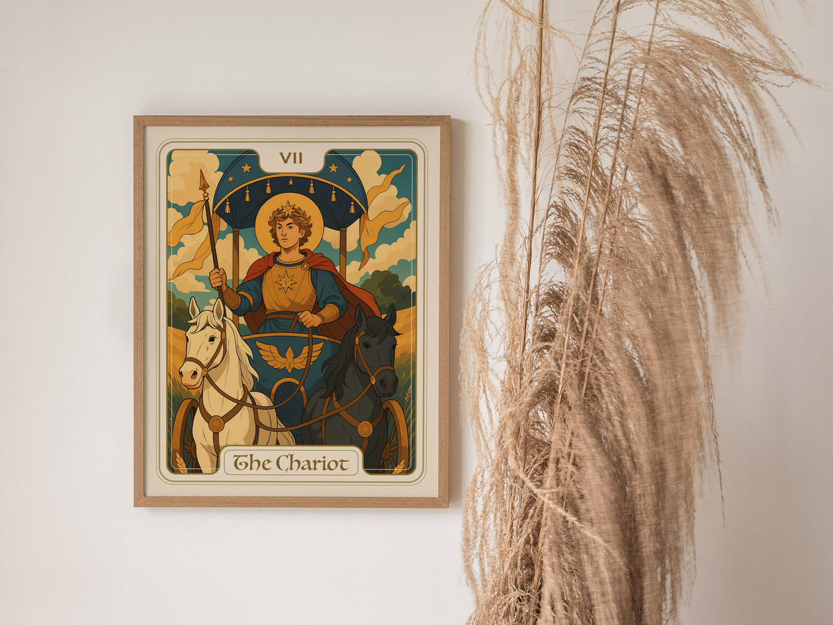 A framed artwork titled The Chariot depicts a regal figure riding a white horse, holding a staff and wearing a blue cloak adorned with stars. The background features clouds and a dark horse, creating a dynamic and vibrant scene.