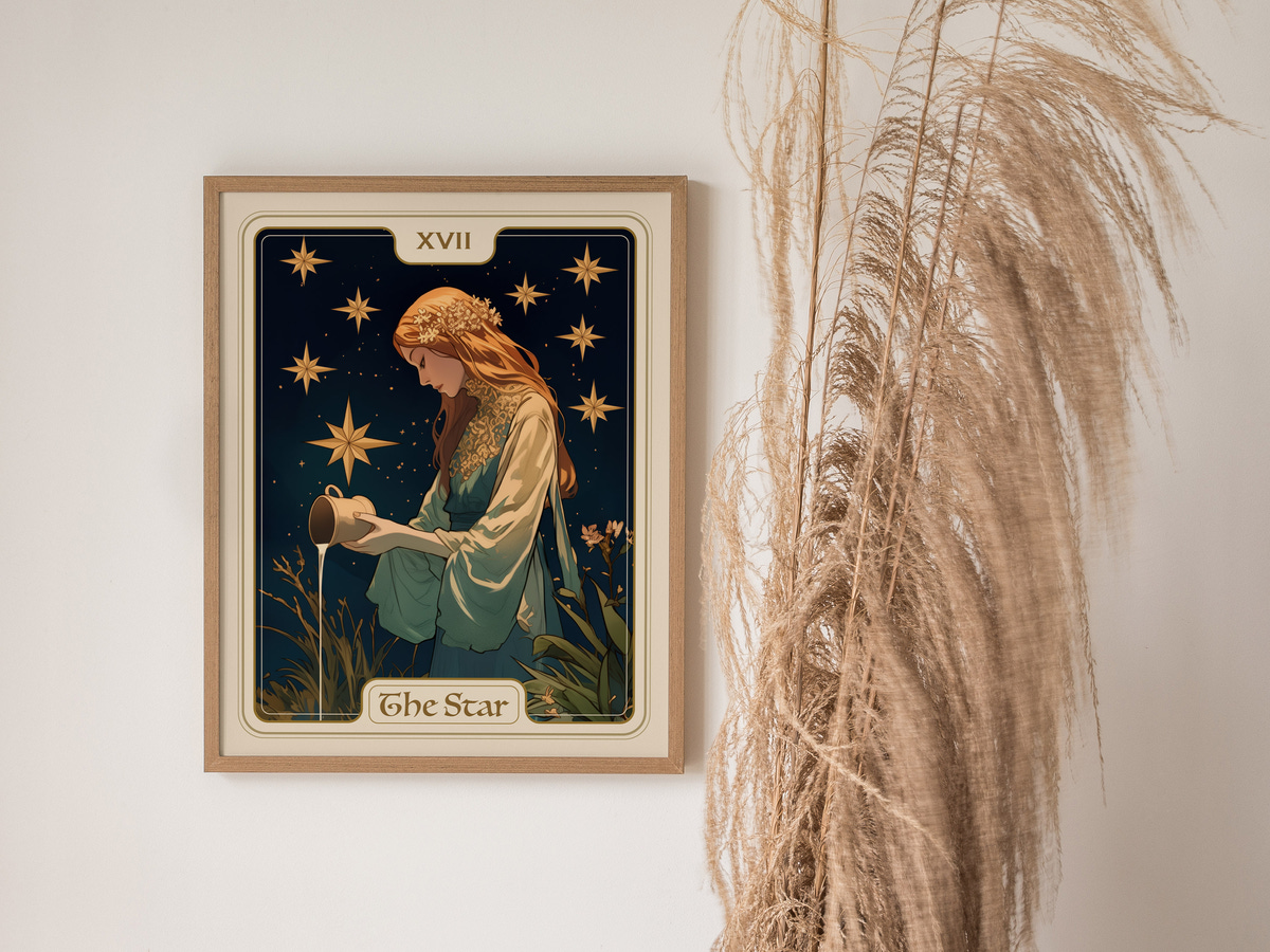 A framed art print titled The Star features a woman with long, flowing hair, gazing thoughtfully at a pot. She is surrounded by stars against a deep blue background, with delicate plants at her feet and a stylish, minimalist setting.
