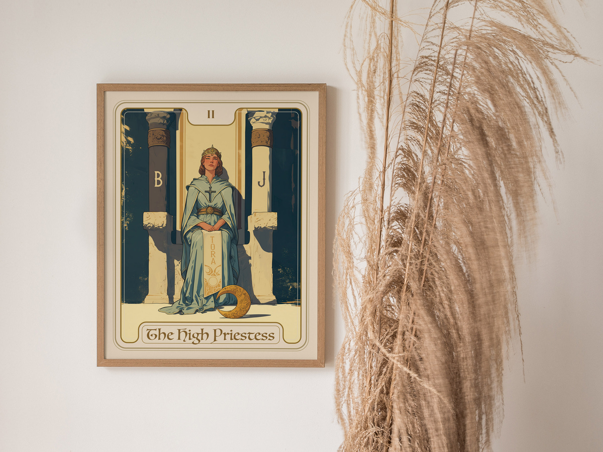 A vintage-style illustration of The High Priestess card features a serene woman seated between two pillars, adorned in flowing robes and holding a scroll.