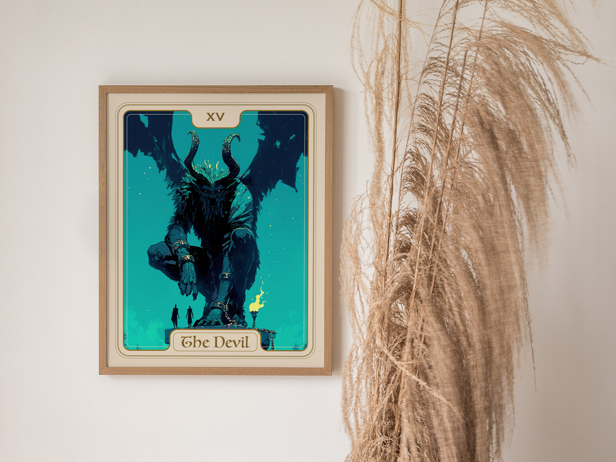 A framed artwork titled The Devil features a large, horned figure seated against a vibrant teal background.