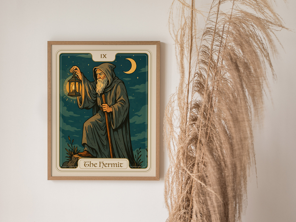 A framed illustration of The Hermit, featuring an old man in a gray cloak holding a lantern, standing on a rock. The background includes a dark sky with clouds and a crescent moon, with a tall, dry plant positioned beside the frame.