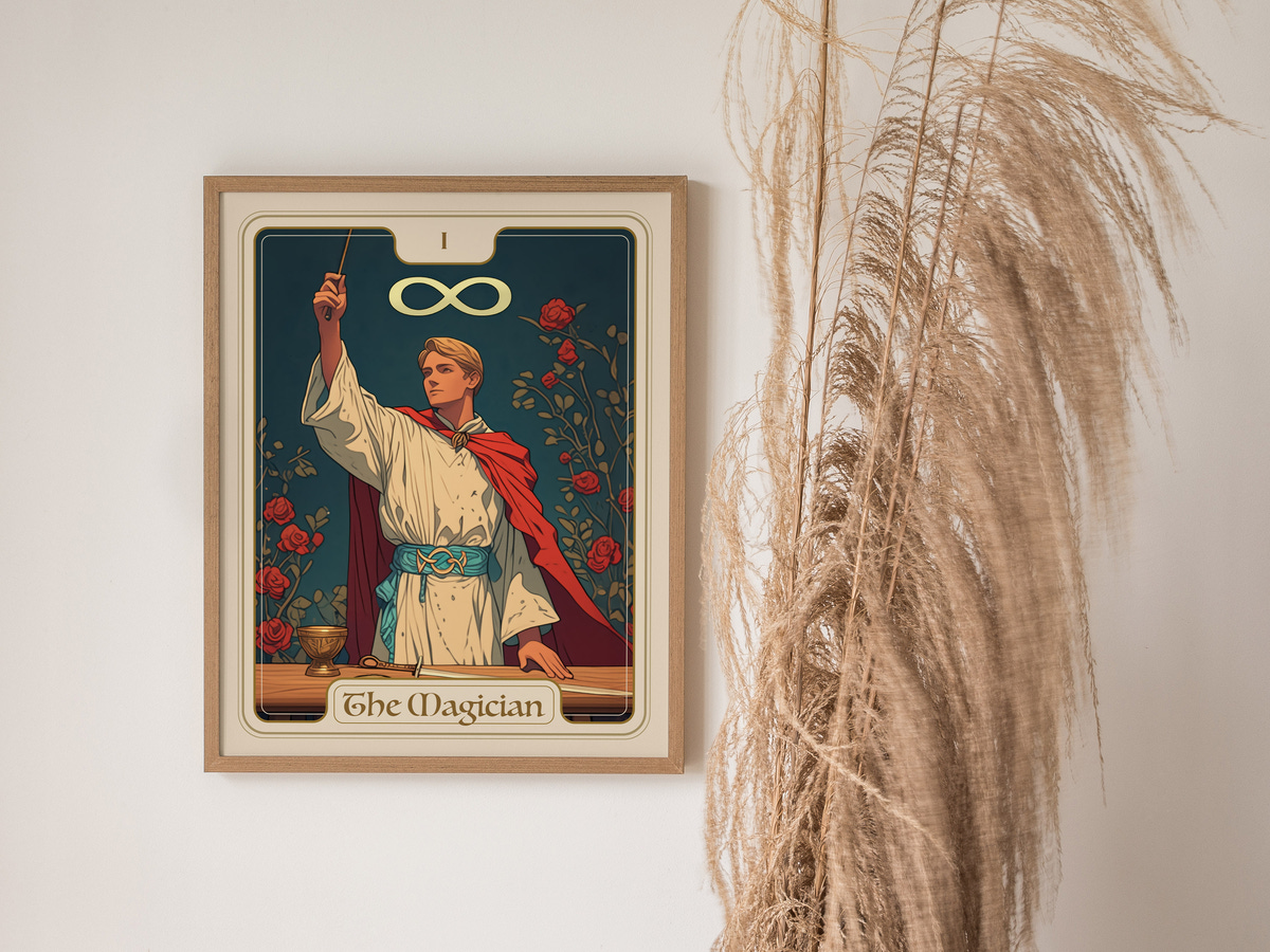 A framed illustration titled The Magician features a young man in a white robe and red cape, standing confidently with a wand raised, surrounded by roses.