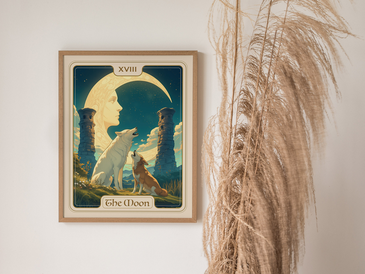 A framed art print titled The Moon features a serene moonlit scene with a large crescent moon and a silhouette of a womans face. Two wolves, one white and one brown, howl in front of ancient stone pillars amidst a starry sky.