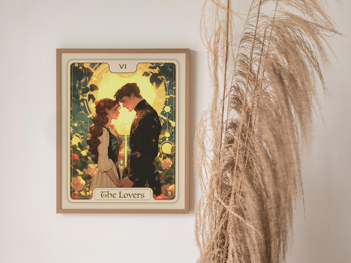 A framed art print titled The Lovers depicts a romantic silhouette of a couple facing each other against a vibrant, floral backdrop. The design features soft colors and intricate details, creating an enchanting atmosphere.