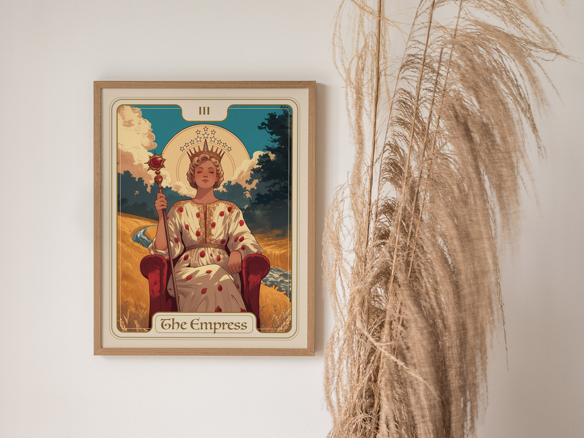 A framed illustration titled The Empress depicts a regal woman seated on a red chair, wearing a crown and a white gown adorned with red patterns.