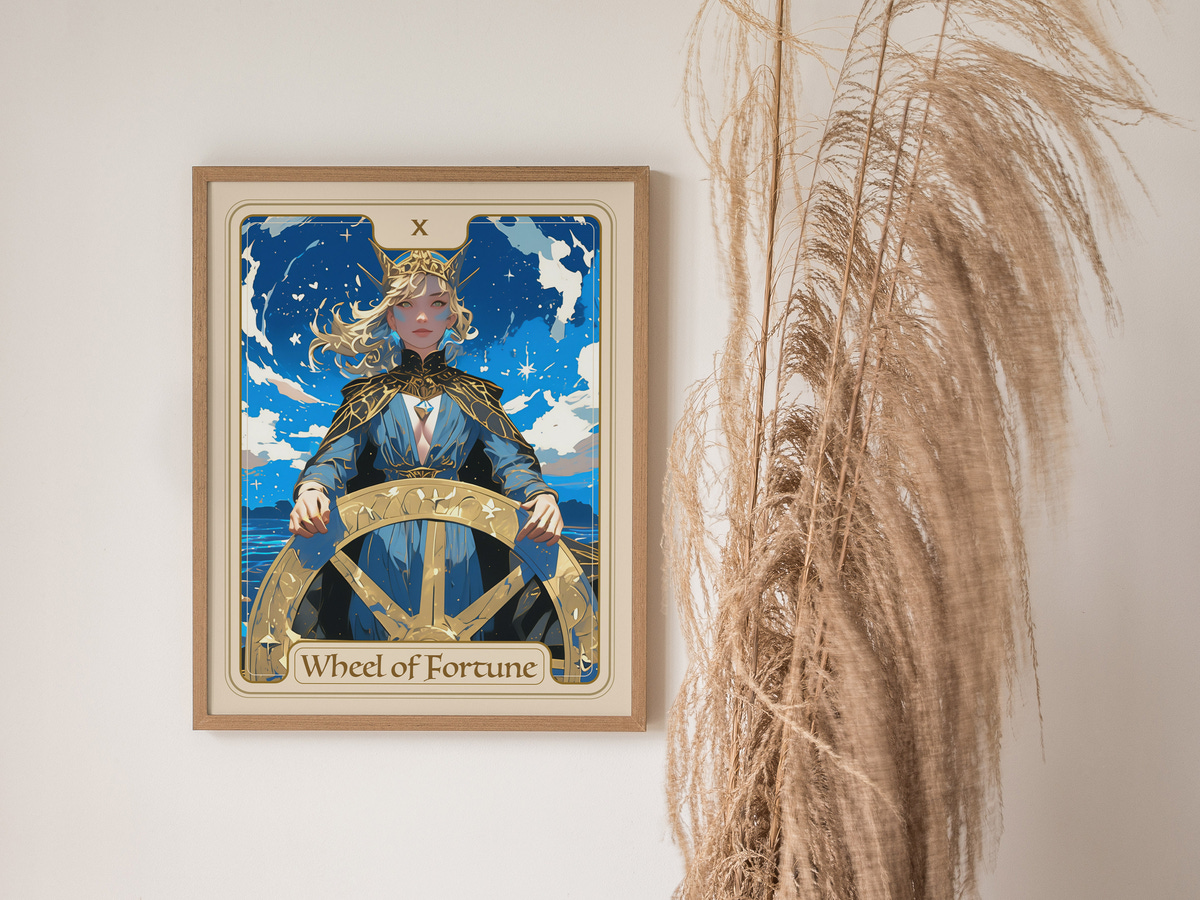 A framed artwork titled Wheel of Fortune features a character with flowing blonde hair, wearing a dark cloak and a golden crown, standing behind a large, ornate wheel against a backdrop of blue skies and distant mountains.