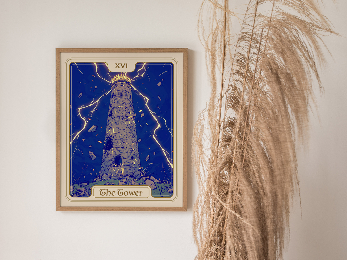 A framed illustration of a tower surrounded by dramatic lightning against a deep blue night sky. The artwork features a stone structure with debris flying around, and the title The Tower prominently displayed at the bottom.