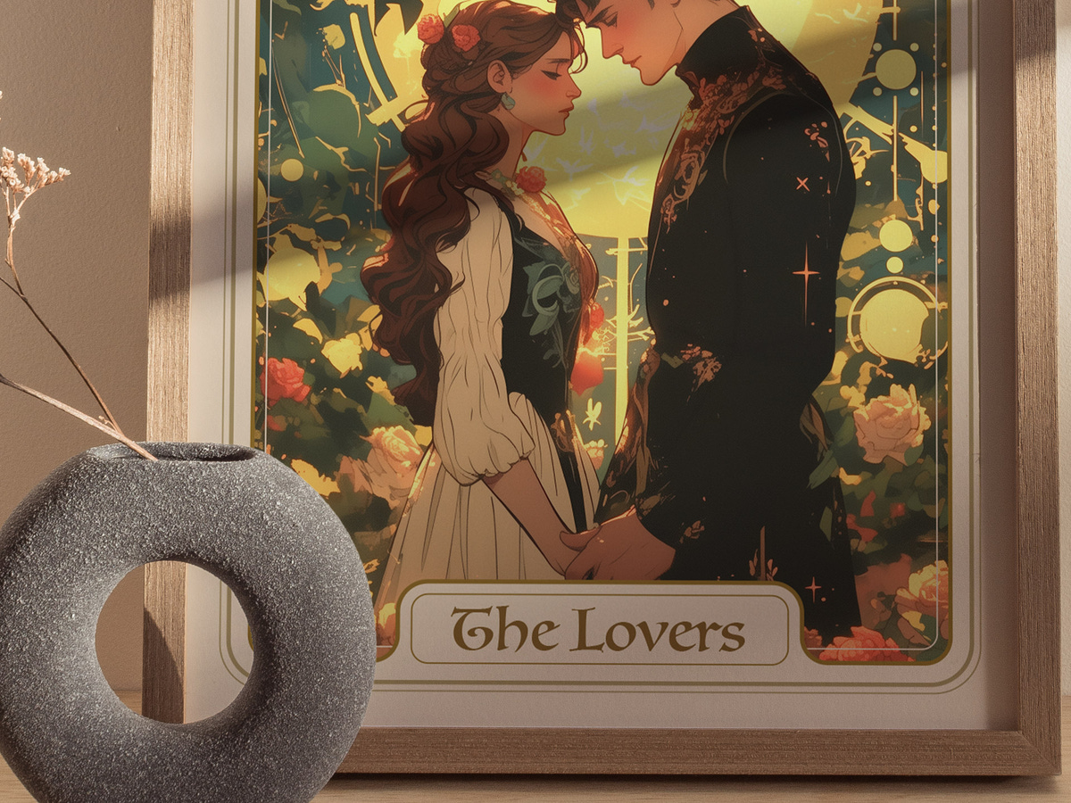 A framed art print titled The Lovers features a romantic illustration of a couple gazing into each others eyes, surrounded by vibrant flowers and a golden background.