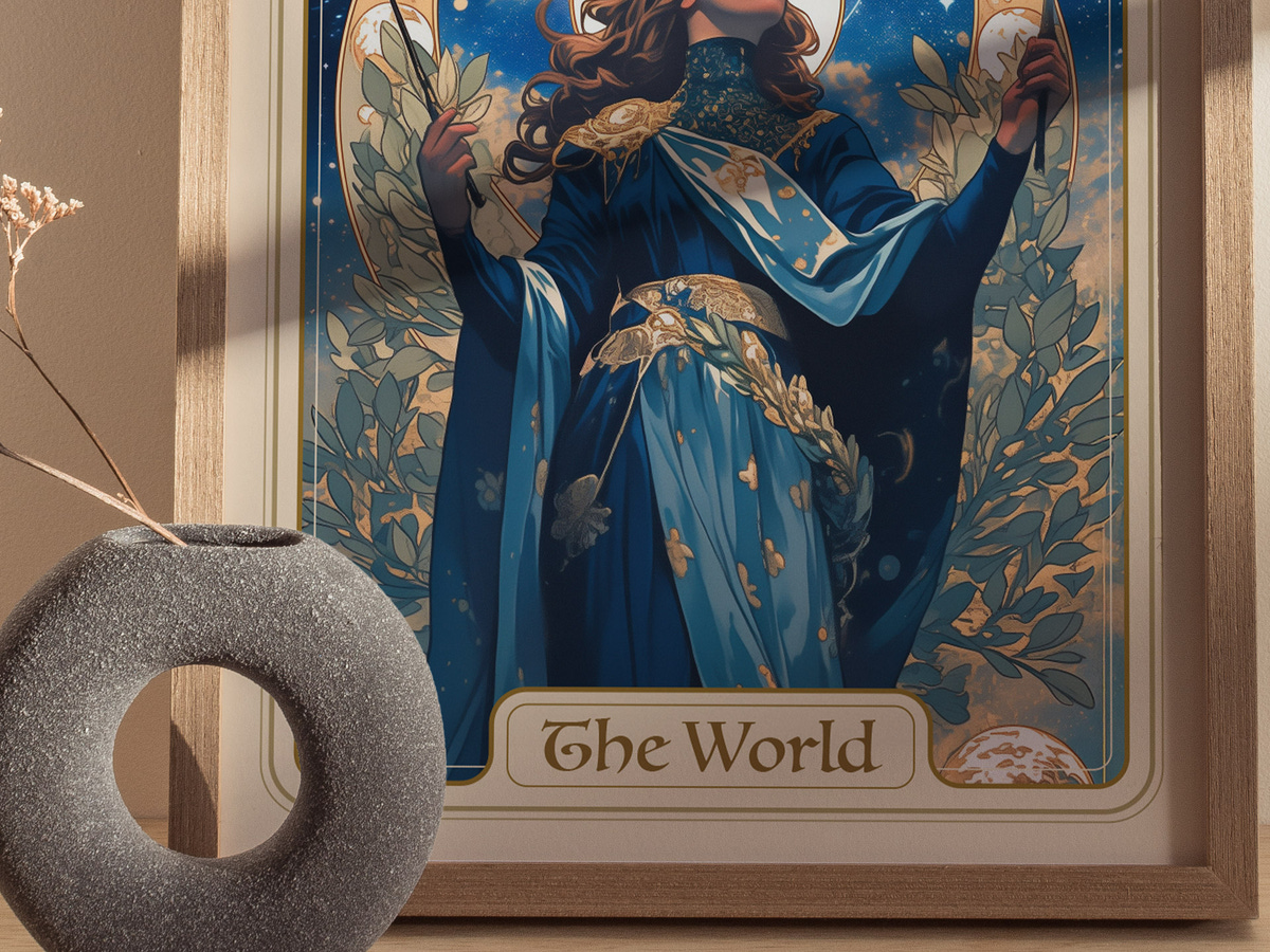 A beautifully illustrated art print titled The World, featuring a woman dressed in a flowing blue gown adorned with gold accents, surrounded by lush greenery and celestial elements.