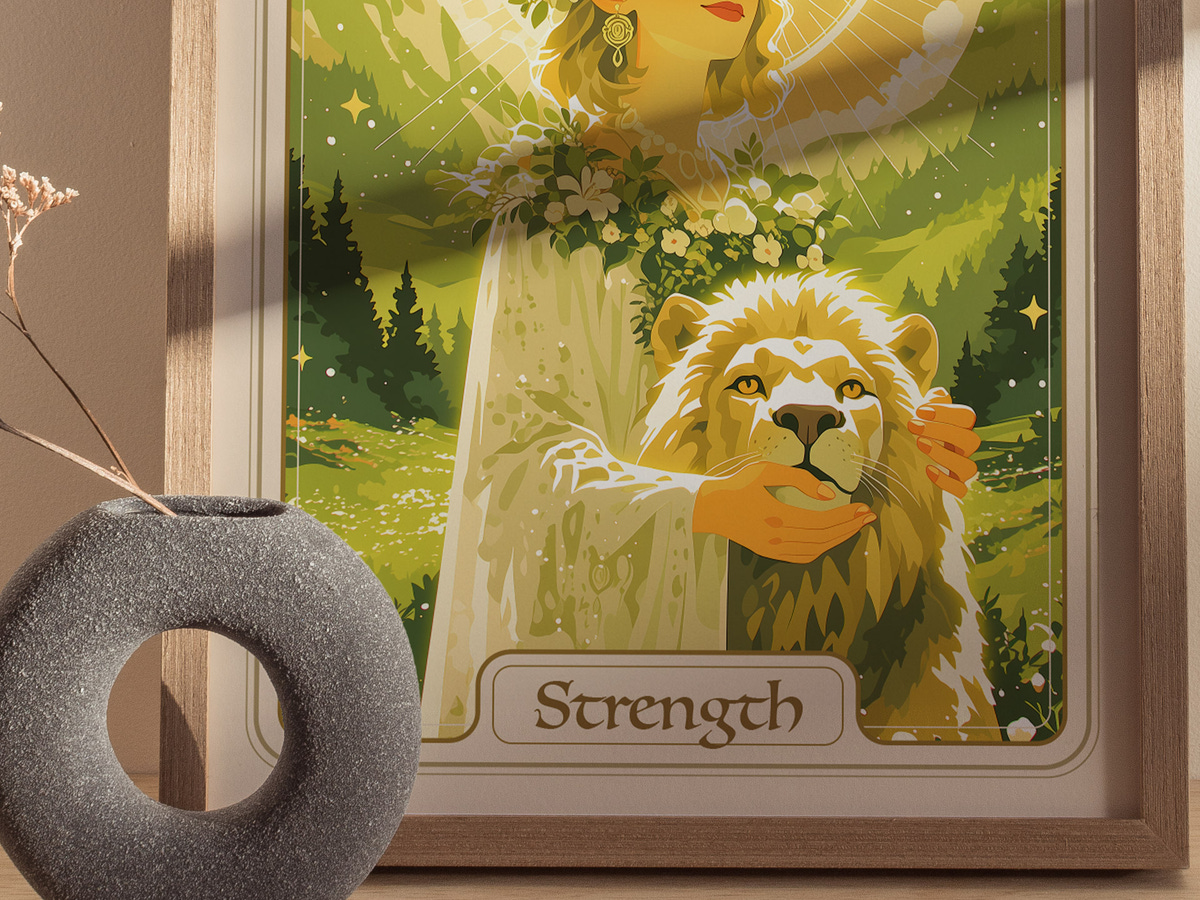 A framed artwork titled Strength features a serene figure with long hair adorned with flowers, cradling a majestic lion. The background showcases a lush, green landscape filled with sparkling stars, enhancing the theme of empowerment.