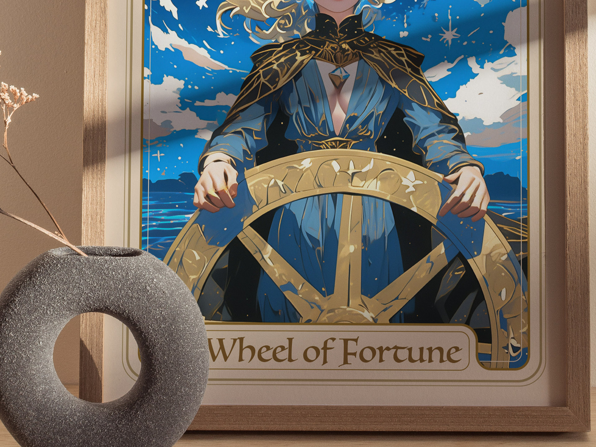 A framed artwork titled Wheel of Fortune features a figure holding a large, ornate wheel against a backdrop of a starry sky and calm waters. The character is dressed in flowing blue robes, exuding an air of mystique and adventure.