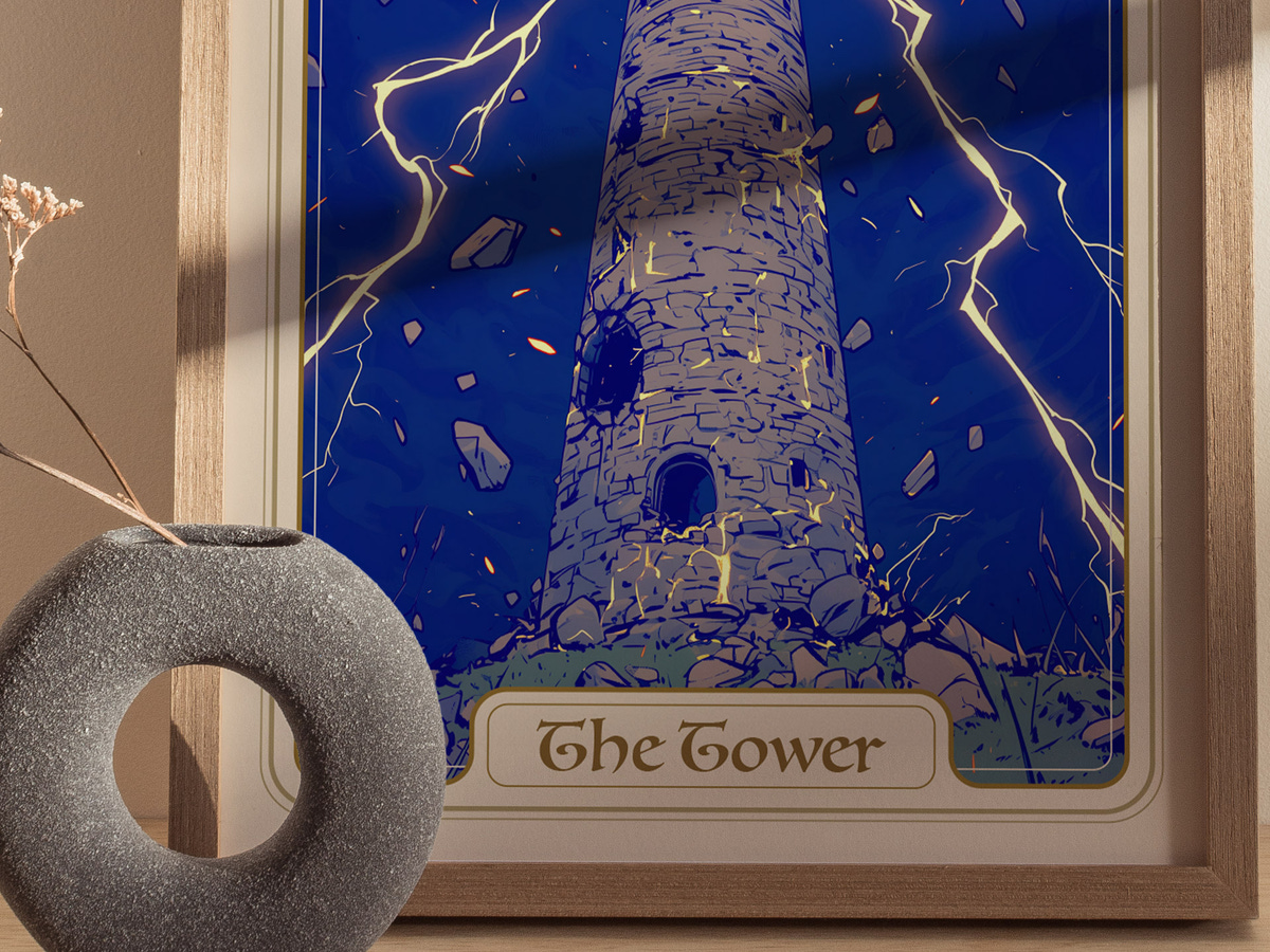 A framed illustration of a tall stone tower under a dramatic sky filled with lightning. The tower is surrounded by rocky debris, and the artwork features a vibrant blue color palette, emphasizing the intense atmosphere.