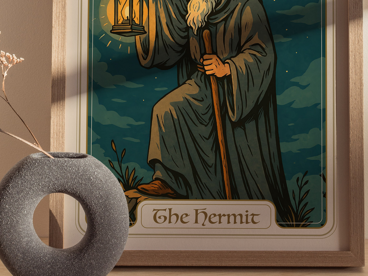 A framed illustration of a wise, elderly figure, The Hermit, holding a lantern and wearing a flowing robe, sits against a serene night sky filled with clouds.