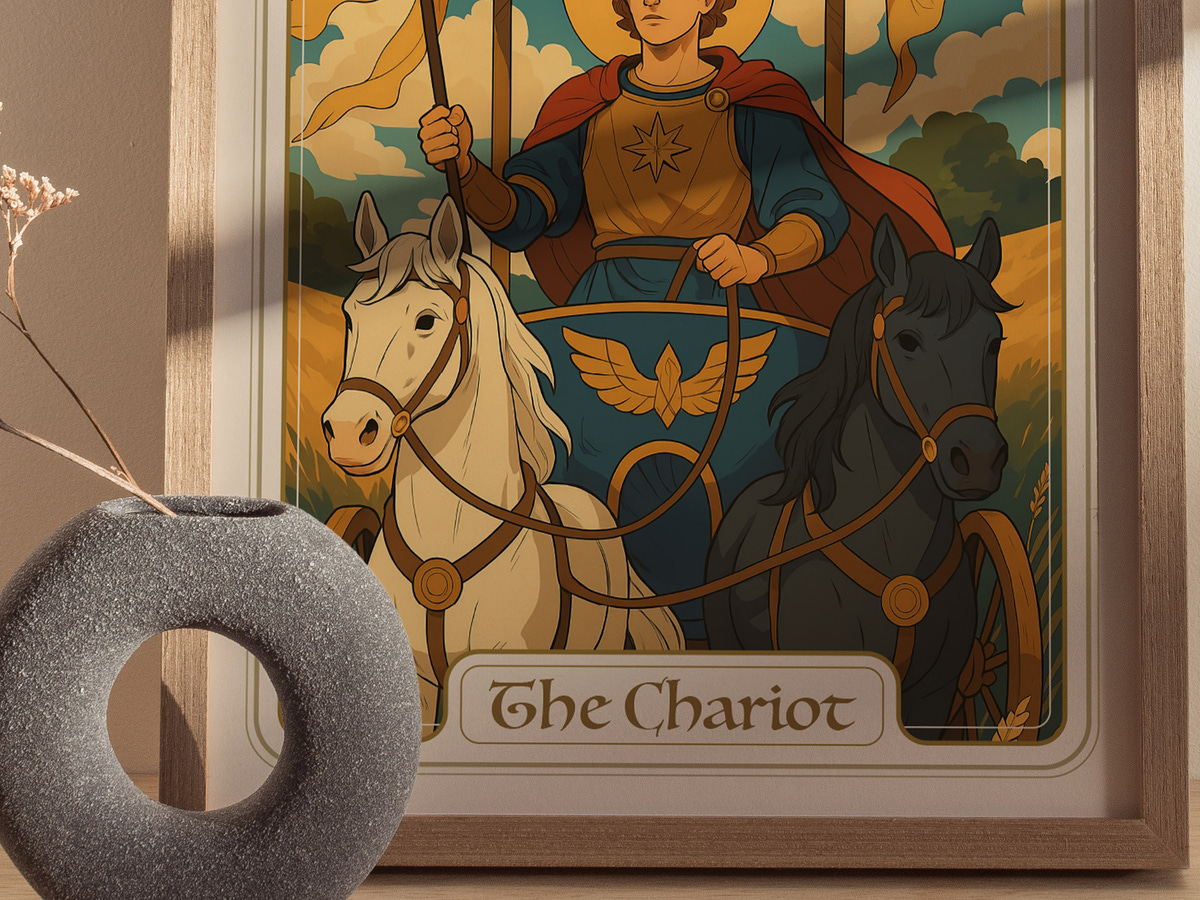A framed art print titled The Chariot depicts a heroic figure holding a staff, flanked by a white horse and a black horse. The background features a vibrant landscape with clouds and rays of light, enhancing the dynamic scene.