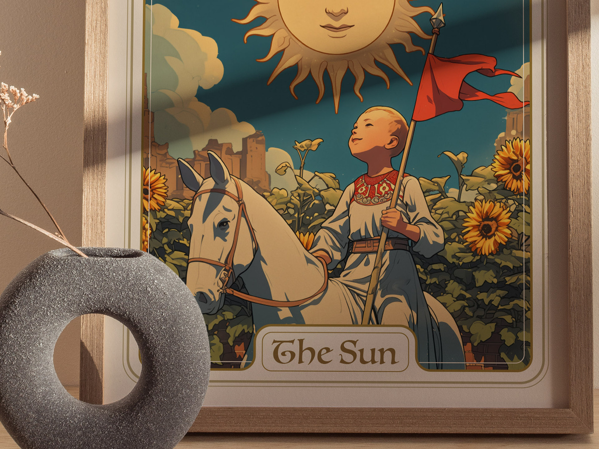 A framed illustration titled The Sun features a child riding a white horse amidst a field of sunflowers, with a bright sun and blue sky in the background. The child holds a red flag, capturing a sense of joy and adventure.