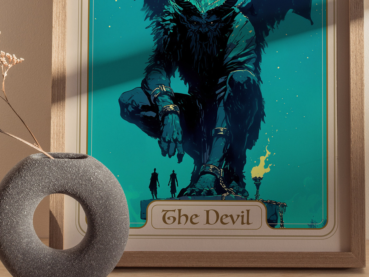 A striking illustration of a large, menacing figure representing The Devil, depicted with horns, chains, and a dark, furry body.