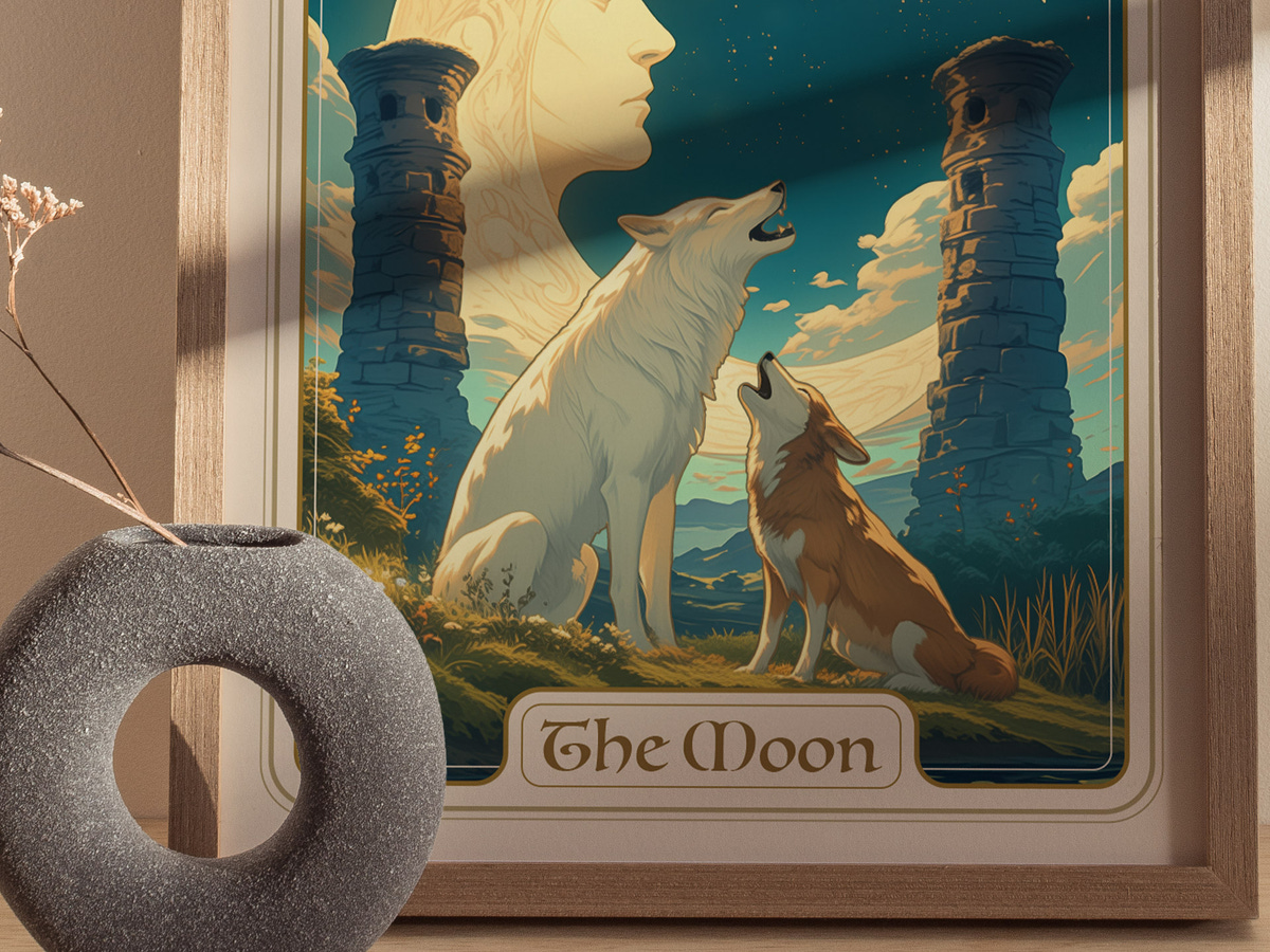 A beautifully illustrated poster titled The Moon features two wolves howling at a large moon in a serene landscape. The background includes ancient stone pillars and a tranquil sky, creating a mystical atmosphere.