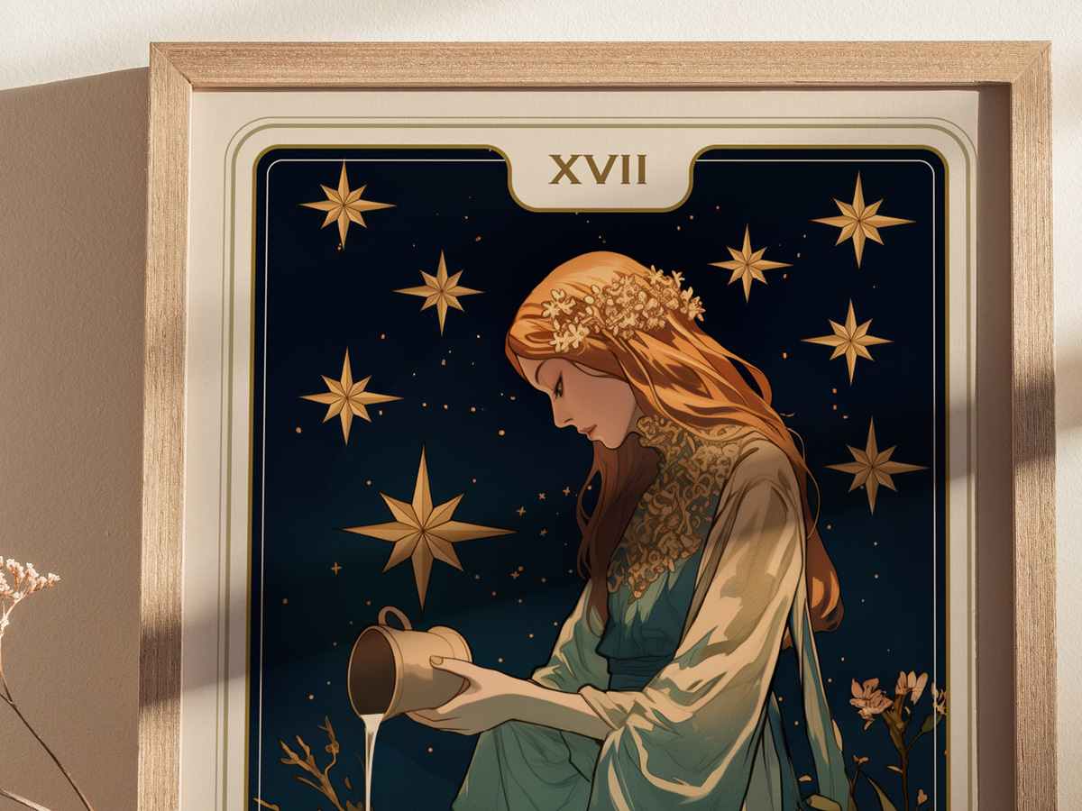 A beautifully illustrated tarot card featuring a woman pouring water from a pitcher, surrounded by golden stars against a dark blue background. The card is framed in a light wooden frame and displays the Roman numeral XVII at the top.