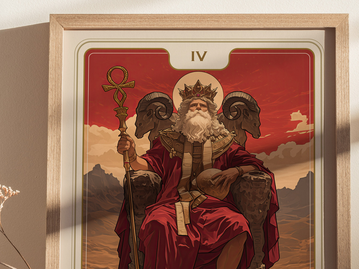 A regal figure resembling a king sits on a throne adorned with ram heads, holding a staff and a globe. The background features a dramatic sunset over mountains, emphasizing the powerful and majestic atmosphere of the scene.
