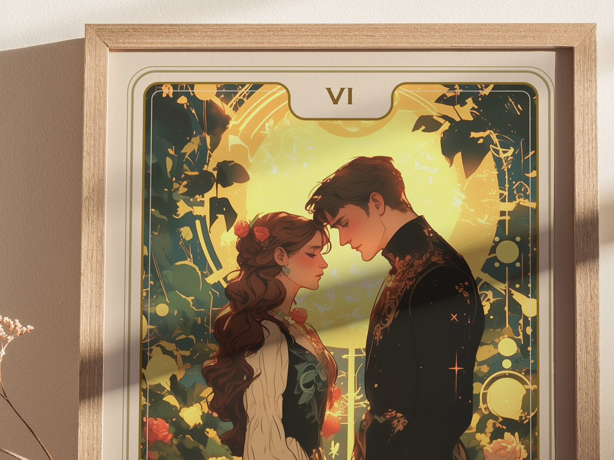 A beautifully illustrated art print featuring a couple in an intimate moment, framed in a wooden border. The background is adorned with lush greenery and golden accents, creating a romantic and enchanting atmosphere.
