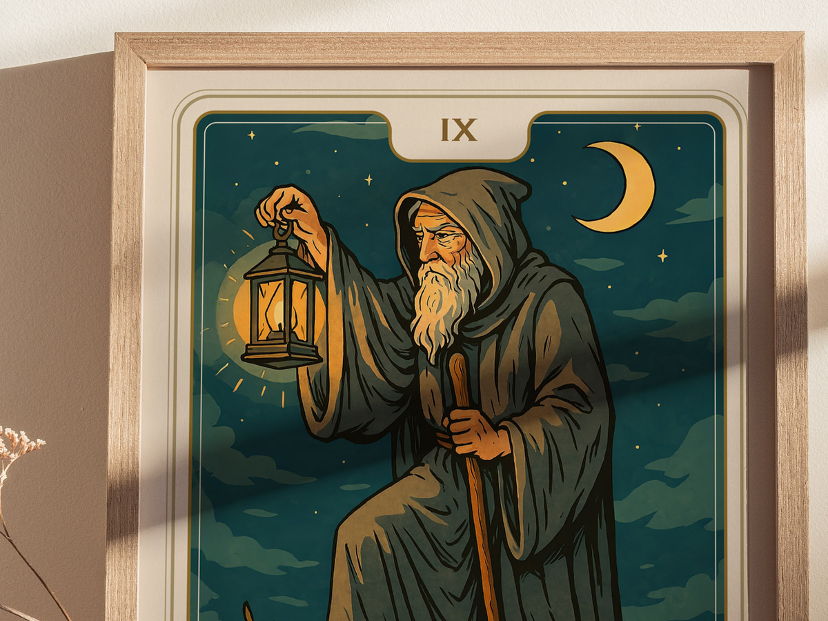 A vintage-style illustration features an elderly hermit holding a lantern, dressed in a dark robe, with a long beard and a staff. The background shows a night sky with clouds and a crescent moon, creating a mystical atmosphere.