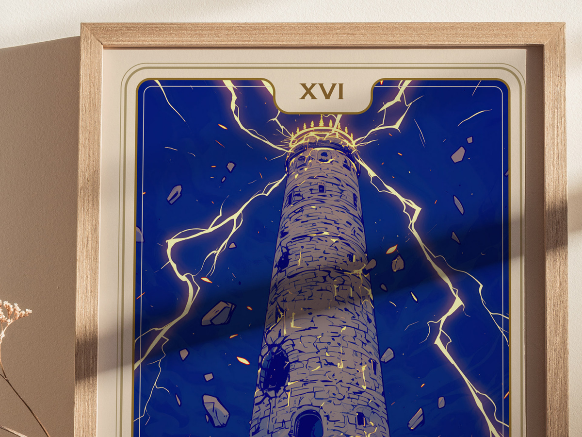 A vibrant illustration of a tall, stone tower surrounded by dramatic lightning strikes against a deep blue background. The tower is detailed with cracks and debris, emphasizing its grandeur and the intensity of the storm above.