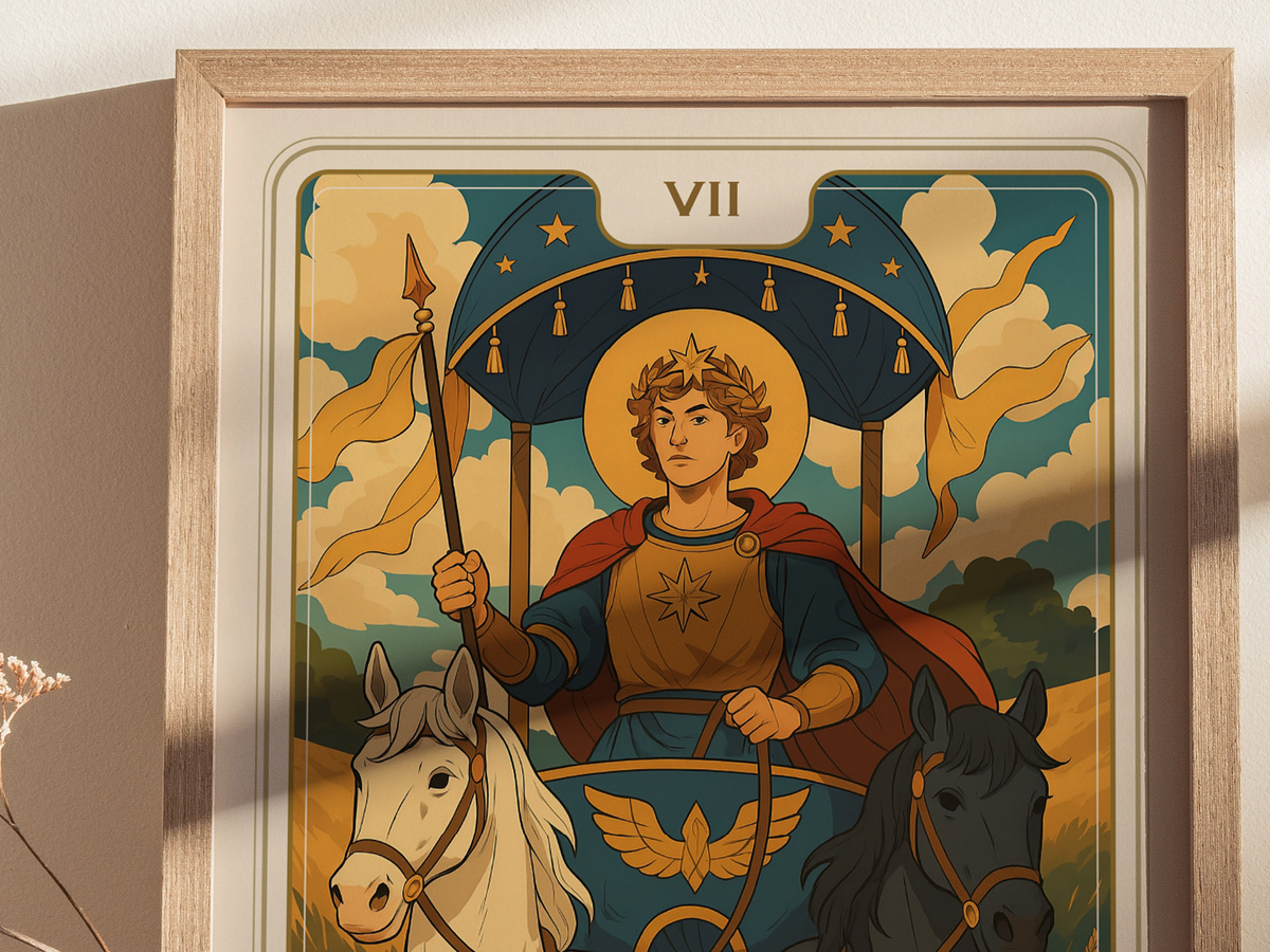 A vibrant illustration features a regal figure holding a spear and guiding two horses under a blue canopy adorned with stars. The backdrop showcases a scenic landscape with rolling hills and clouds, creating a majestic atmosphere.