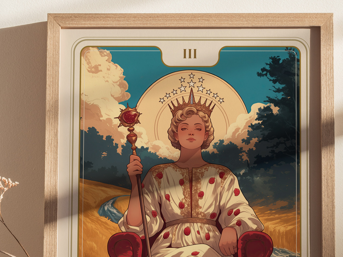 A beautifully framed illustration of a regal woman seated on a throne, wearing a flowing white gown adorned with red polka dots. She holds a scepter and is surrounded by a serene landscape with a river and trees under a blue sky.