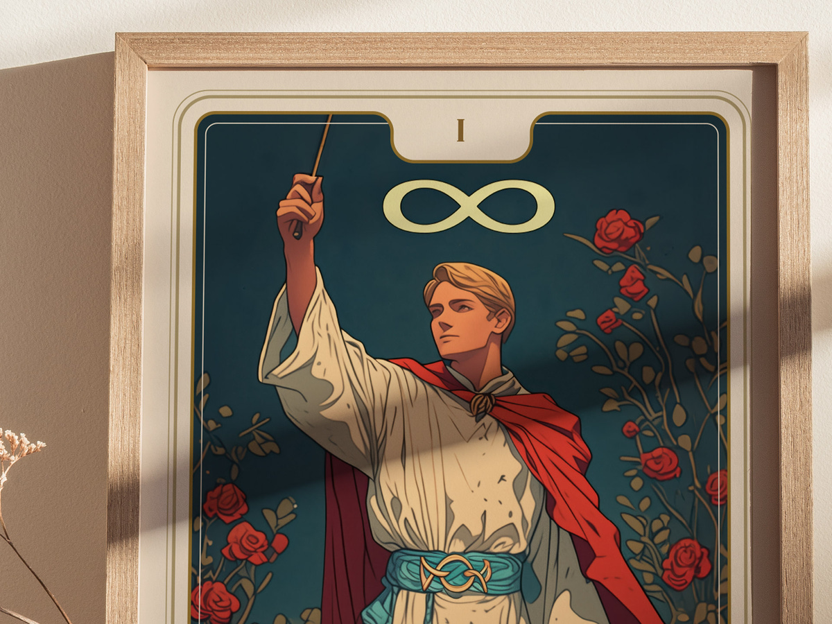 A framed illustration of a magician holding a wand, dressed in a white robe with a red cape, stands against a dark background adorned with roses.