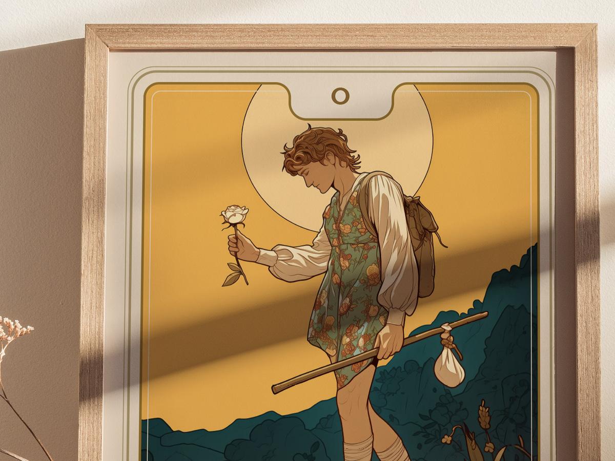 A framed illustration of a character known as The Fool, walking along a path with a rose in one hand and a stick in the other. The background features rolling hills under a large, golden sun, creating a warm and inviting atmosphere.