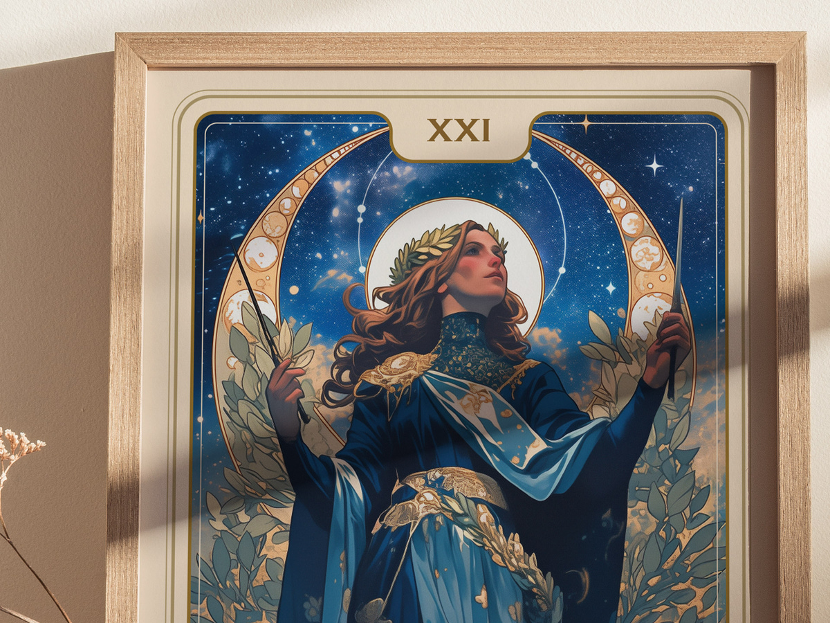 A beautifully framed illustration of a regal figure dressed in blue robes, adorned with gold accents and a crown of leaves. She stands confidently, holding a wand and surrounded by celestial motifs, against a starry night sky backdrop.