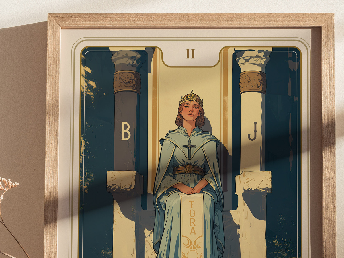 A beautifully illustrated art print featuring a woman in a flowing blue robe and crown, seated on a throne between two pillars. The artwork is framed, casting soft shadows that enhance the serene and mystical atmosphere of the piece.
