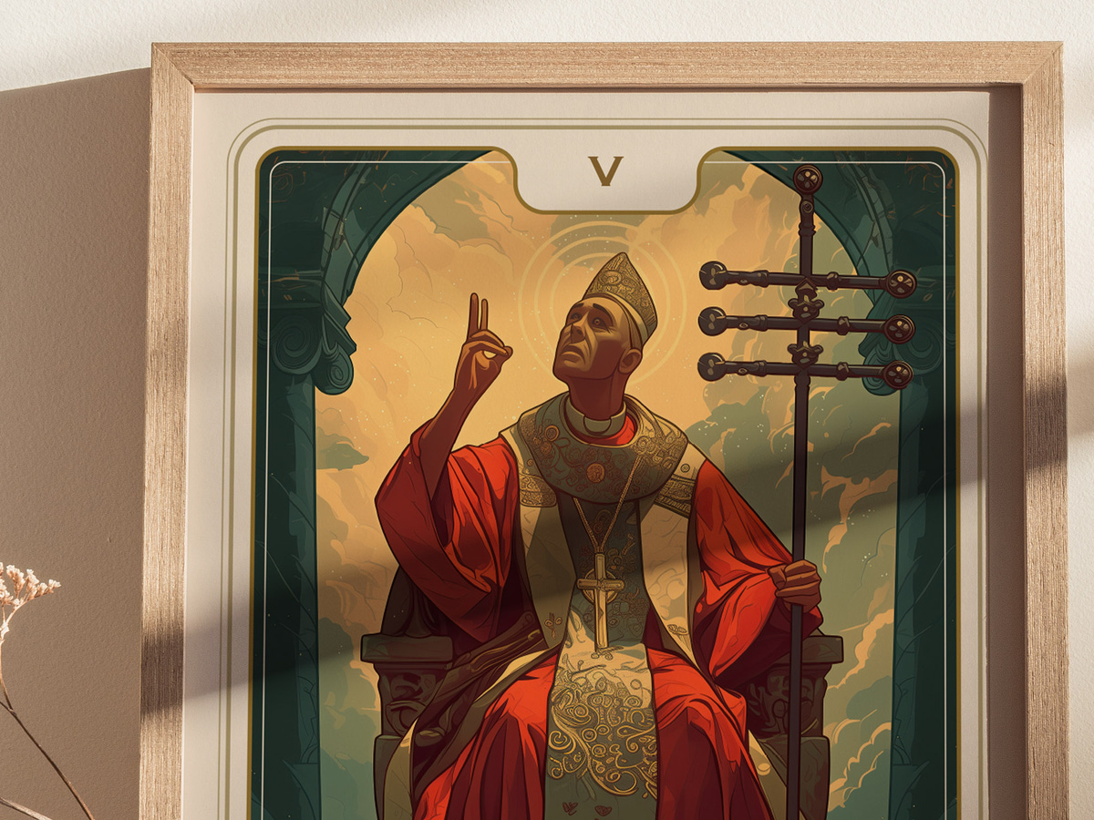 A framed illustration of a figure in elaborate robes, seated on a throne, gesturing upward with one hand.