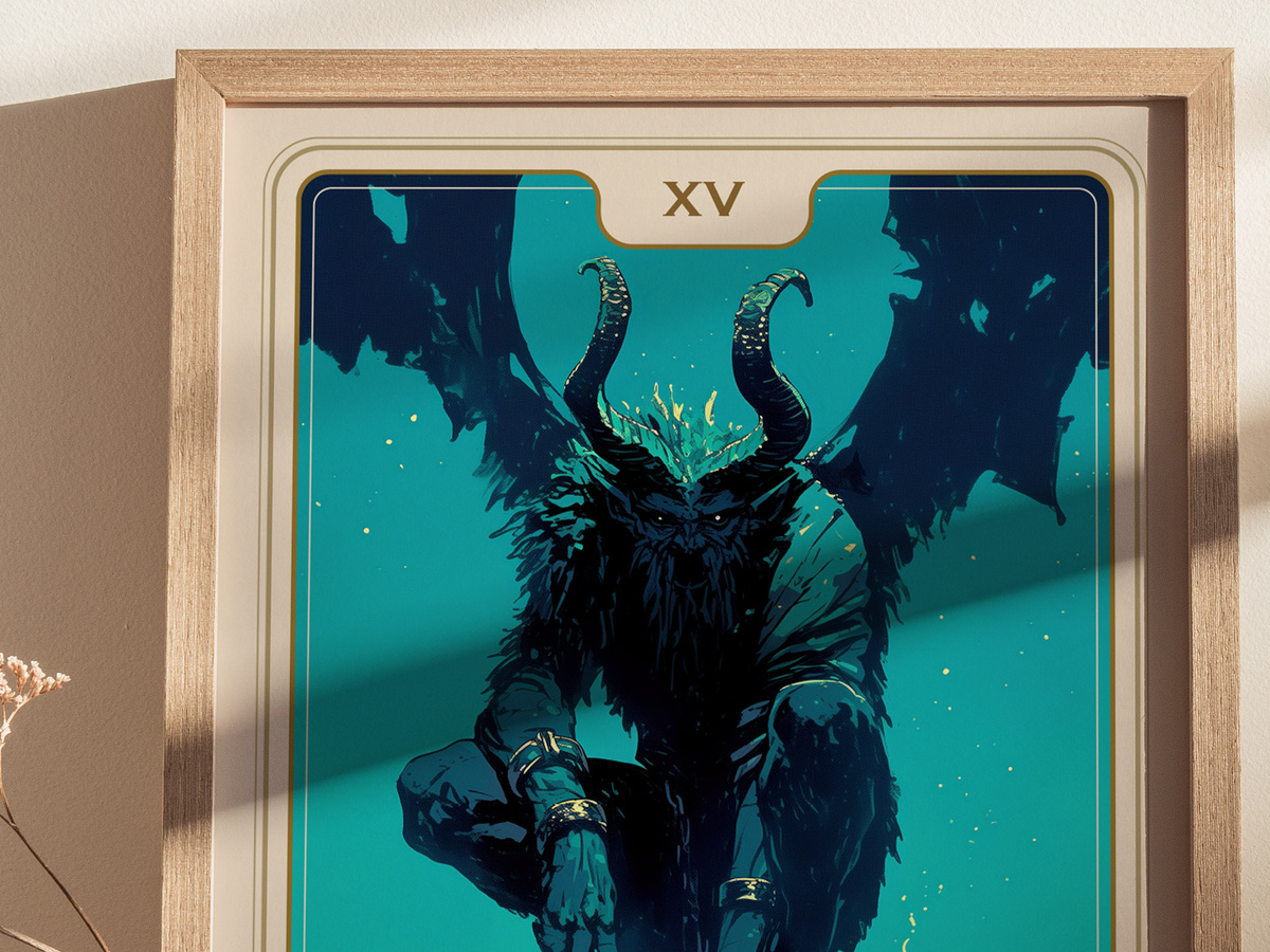 A framed art print features a stylized depiction of a horned figure with dark, feathered wings, seated in a powerful pose against a vibrant turquoise background. The artwork is titled XV.
