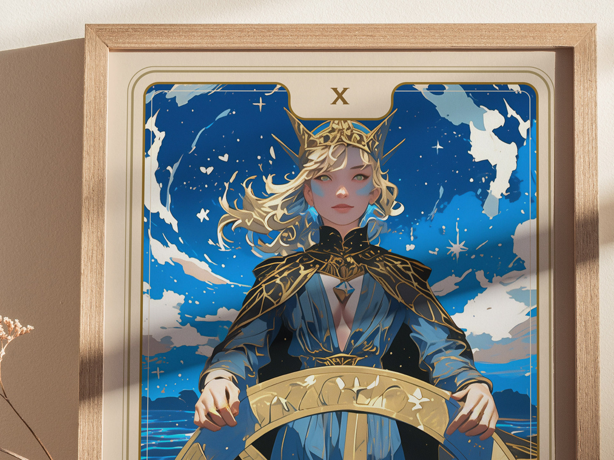 A beautifully illustrated tarot card featuring a regal figure with flowing blonde hair and a crown, holding a golden wheel. The background showcases a starry sky and calm waters, creating a mystical and enchanting atmosphere.