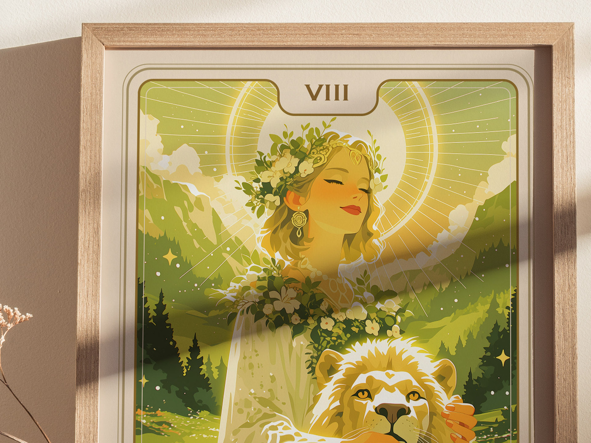 A beautifully illustrated art print featuring a serene woman with flowing hair adorned with flowers, embracing a lion. The background showcases lush green mountains under a bright sun, evoking a sense of strength and tranquility.