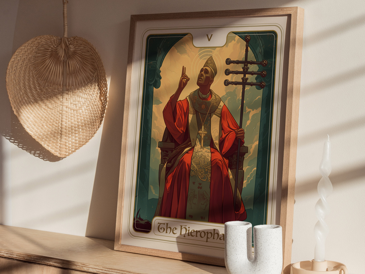 A framed art print titled The Hierophant features a regal figure in red robes seated on a throne, holding a staff and gesturing with one hand.