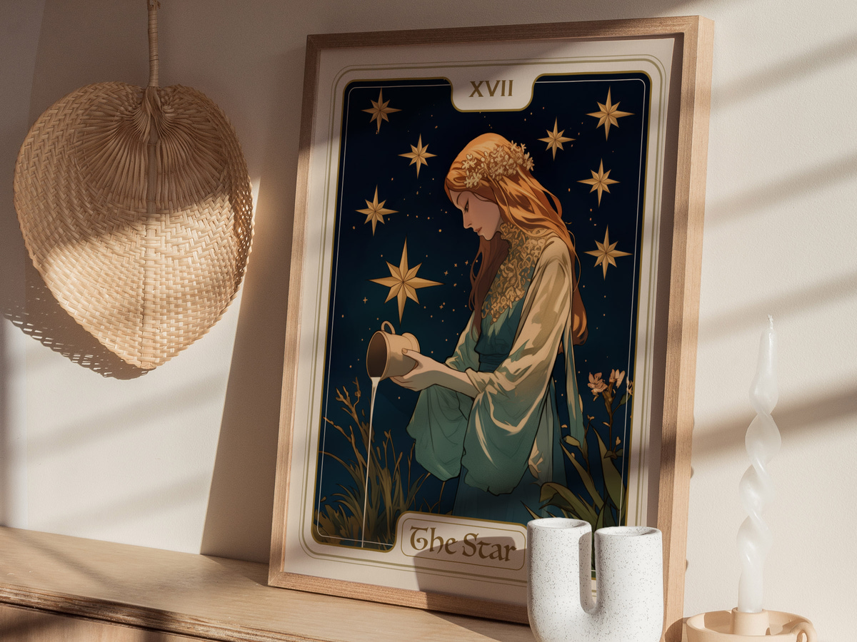 A beautifully illustrated poster titled The Star, featuring a serene woman with long, flowing hair, holding a vessel while surrounded by shining stars against a deep blue night sky.