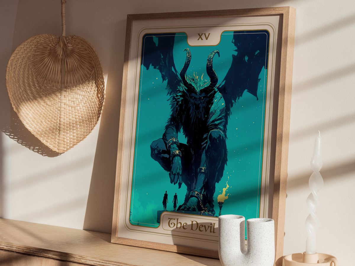 A framed artwork titled The Devil features a large, horned figure sitting in a dramatic pose against a teal background. Silhouetted figures stand in the foreground, creating a striking contrast with the imposing character.