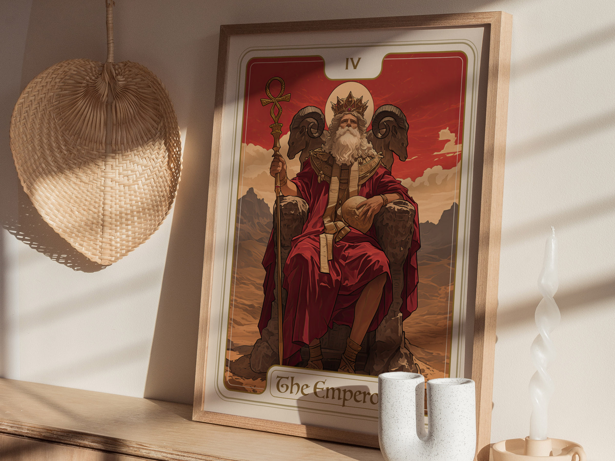 A framed art print titled The Emperor features a regal figure seated on a throne adorned with rams heads, holding a scepter and wearing a crown.