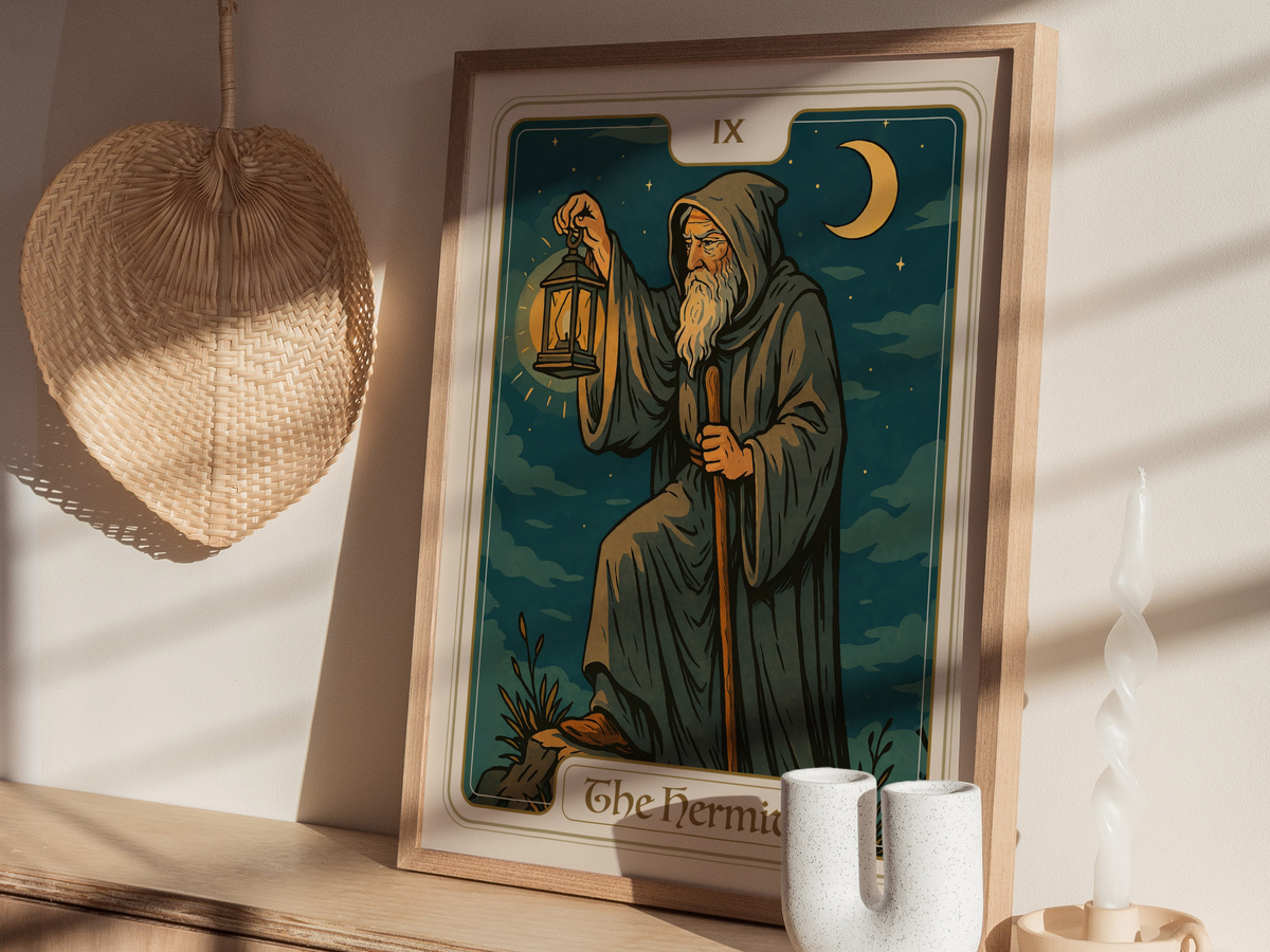 A framed illustration of The Hermit, featuring an elderly figure in a flowing robe holding a lantern, standing on a rocky ledge under a starry night sky with a crescent moon.