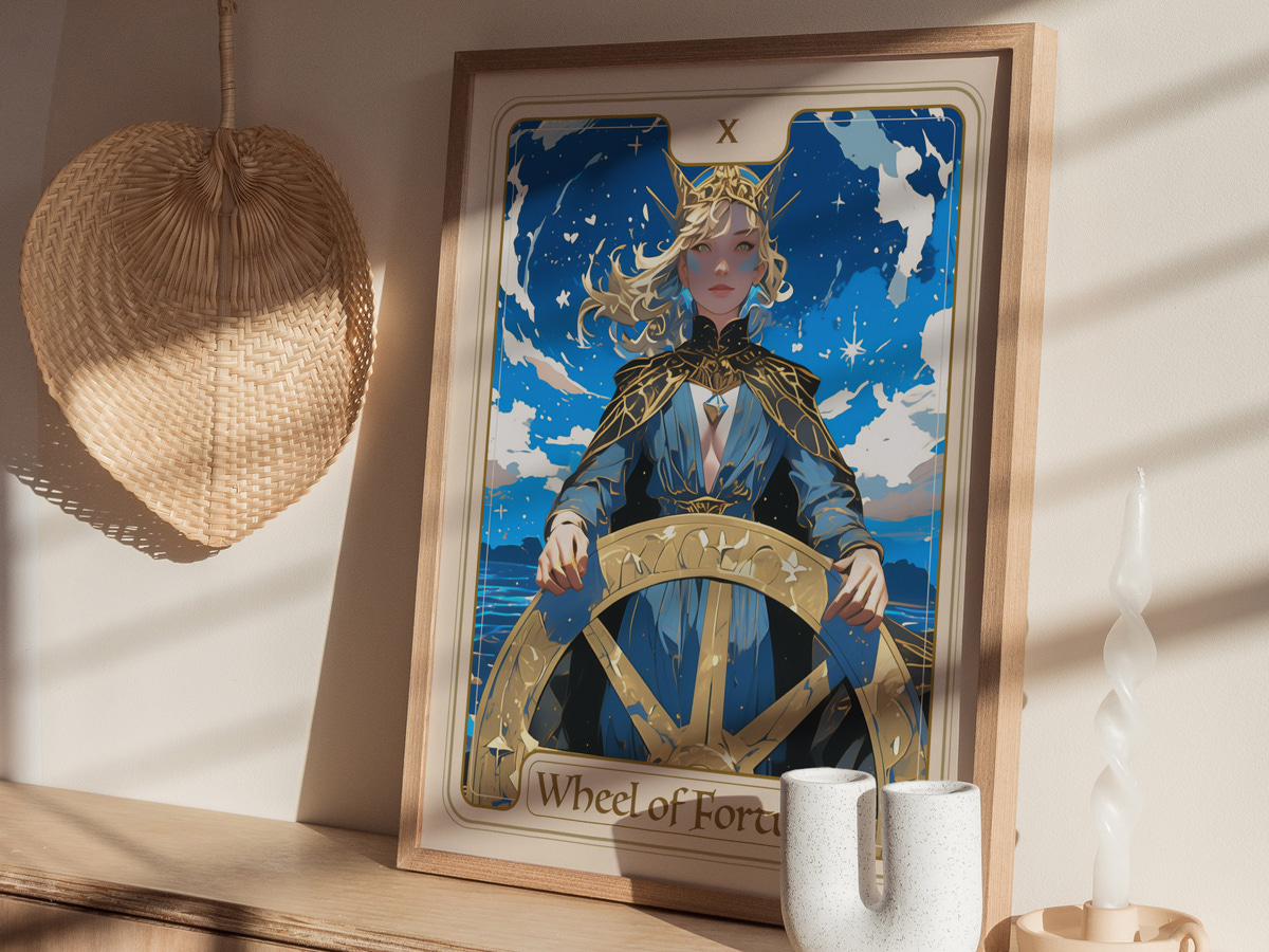 A beautifully illustrated poster of the Wheel of Fortune card featuring a regal figure steering a large wheel against a blue sky filled with clouds. The artwork is framed and displayed on a wooden shelf alongside decorative items.