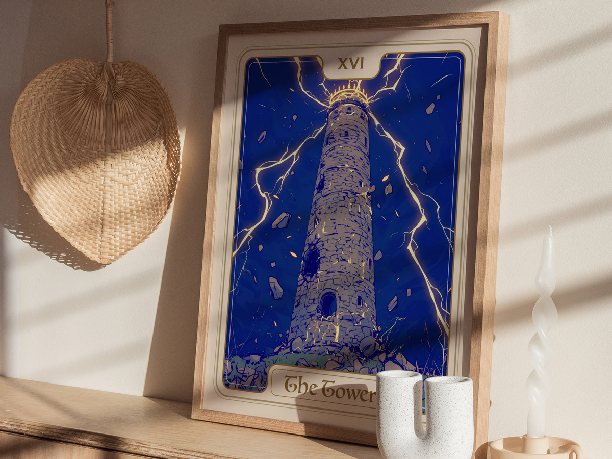 A framed illustration of a tall stone tower surrounded by dramatic lightning bolts against a deep blue background.