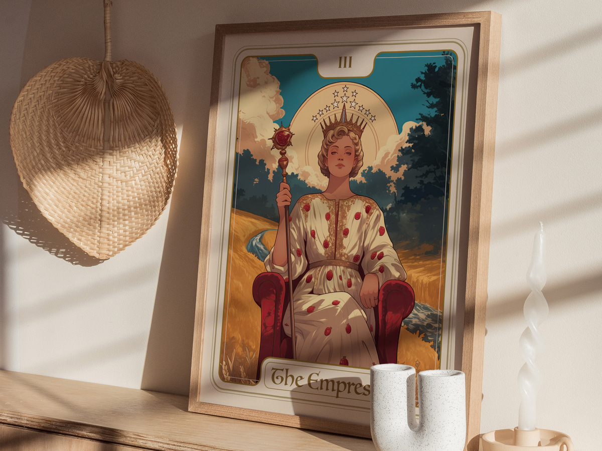 A beautifully illustrated tarot card titled The Empress features a regal woman seated on a throne, adorned in a white gown with red accents. The background depicts a lush landscape under a blue sky, adding a serene and mystical atmosphere.