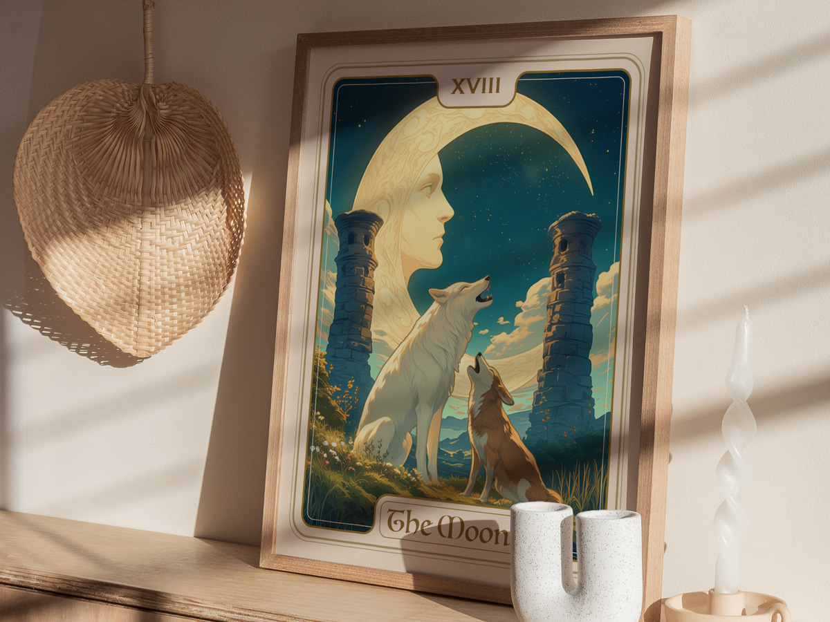 A beautifully designed art print titled The Moon, featuring a serene moonlit scene with two dogs, one white and one brown, gazing up at a large crescent moon.