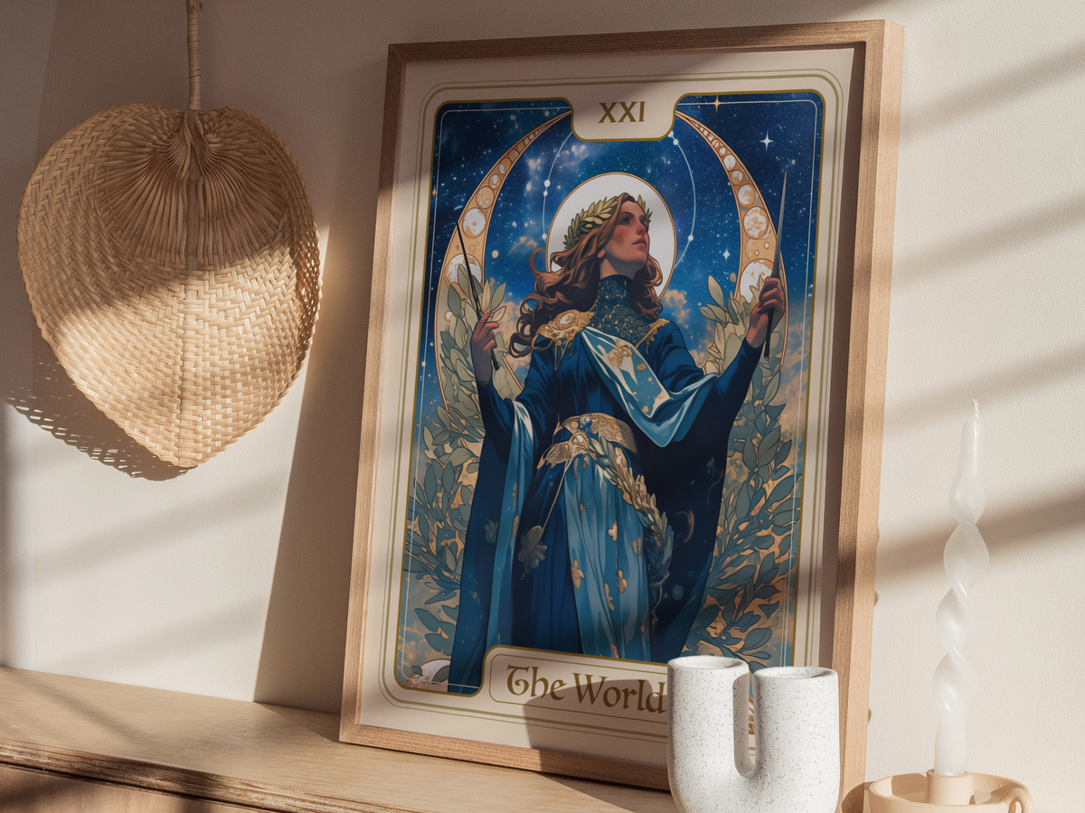 A beautifully illustrated tarot card titled The World, featuring a woman in a flowing blue gown adorned with gold accents, surrounded by ornate foliage and two crescent moons.
