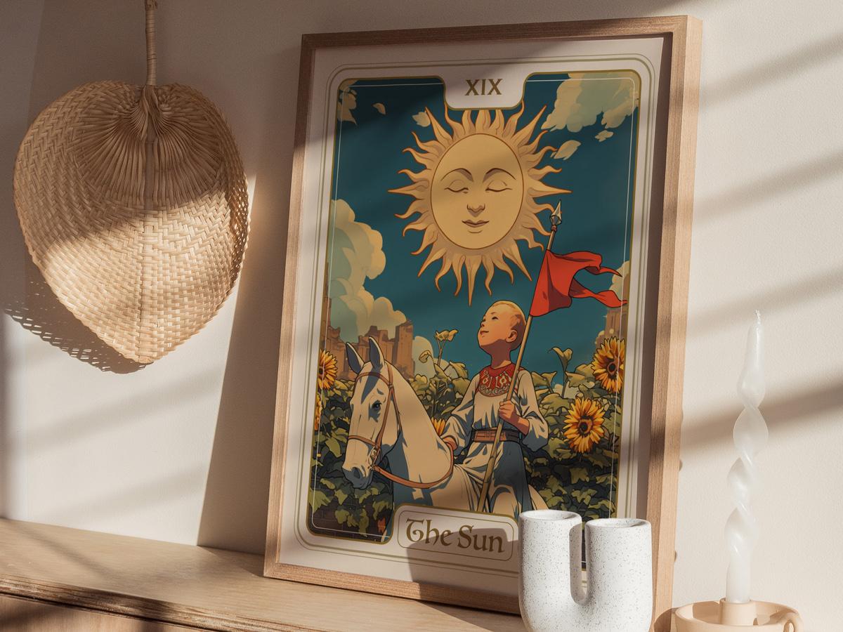 A colorful illustration of a sun with a smiling face, surrounded by radiating rays, is depicted above a figure on a white horse holding a red flag. The background features a vibrant landscape with sunflowers and a blue sky.